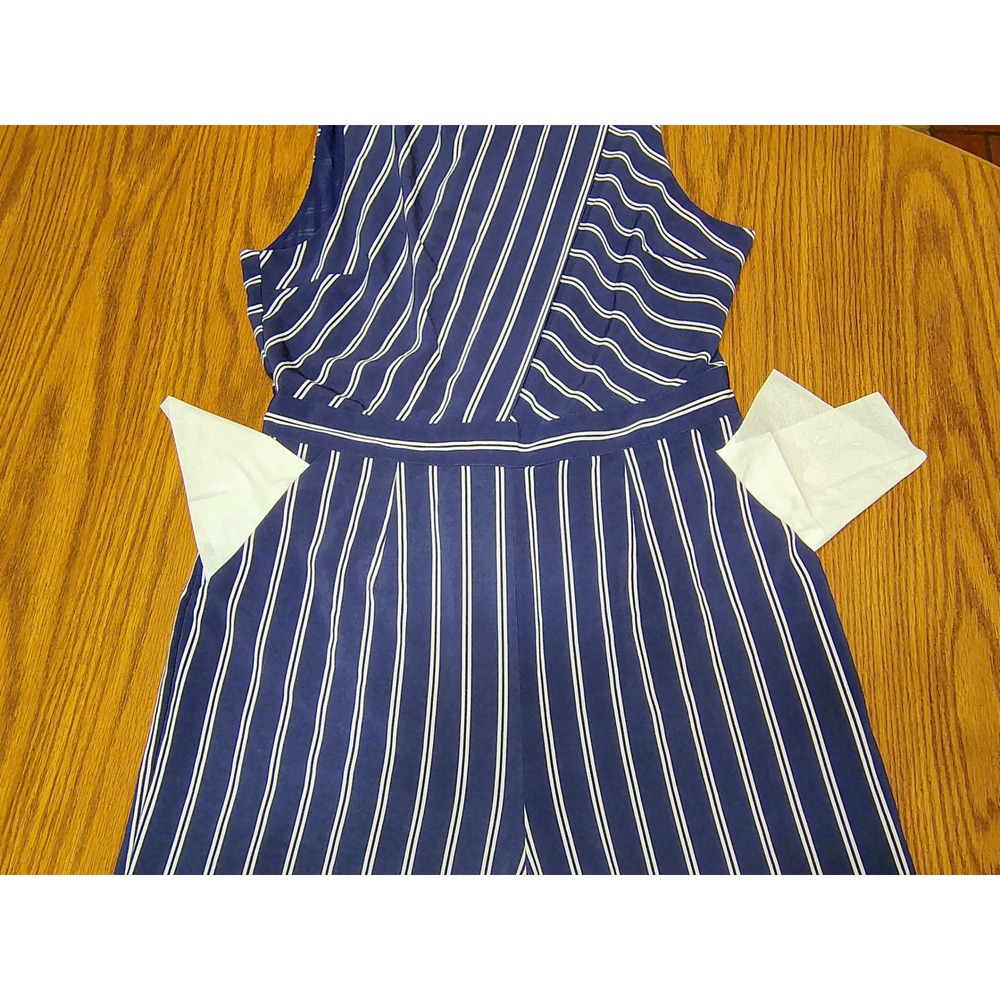 Tahari Navy Blue White Striped Wide Leg Sleeveless Jumpsuit with Pockets - Picture 14 of 16